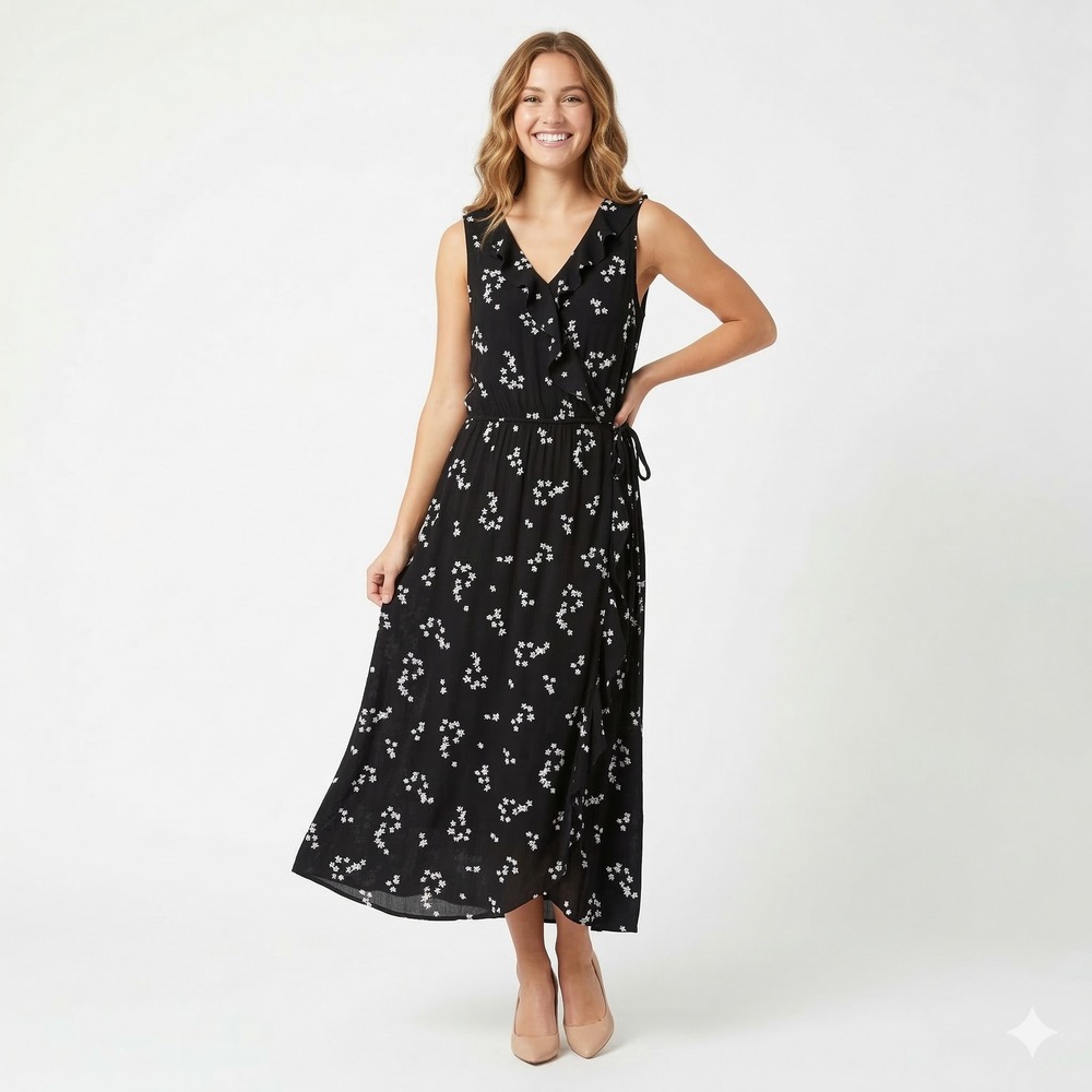 J. Jill Women's Size Large Black Floral Faux Wrap Ruffle Sleeveless Maxi Dress